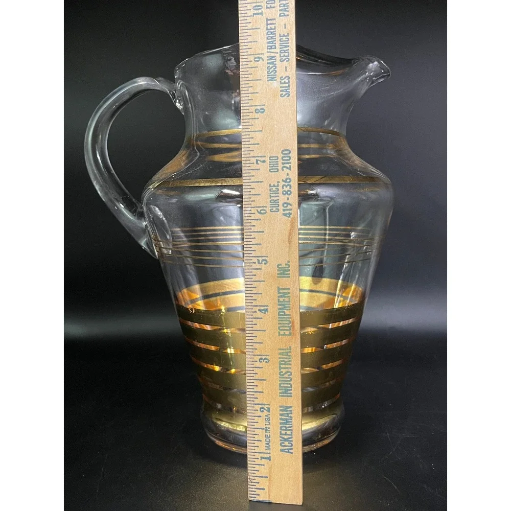 Vtg 1940s MCM Glass Ice Lip Pitcher‎ Gold Stripe Barware Drinkware 11